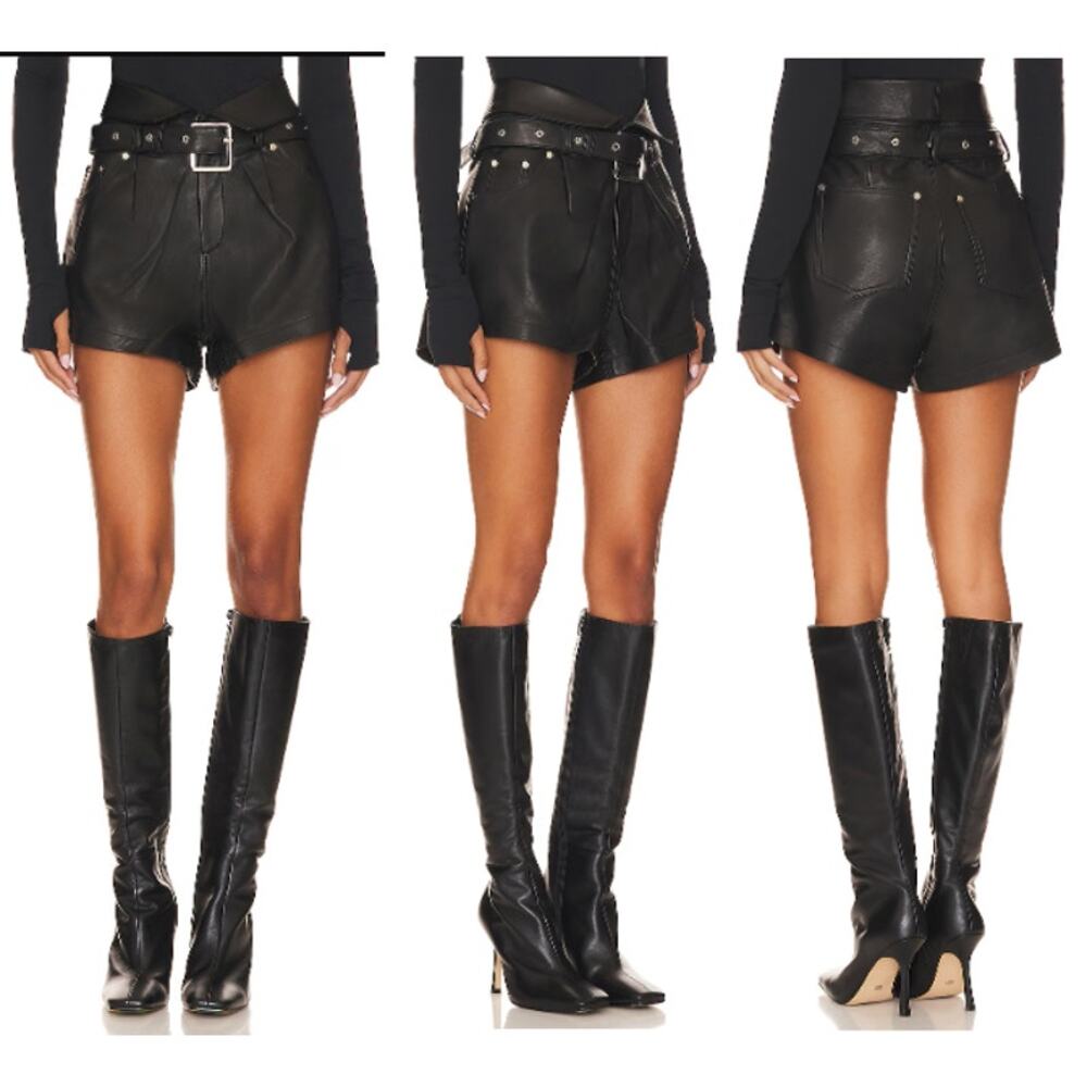 NWT Camila Coelho Elvira Leather High Waisted Belted Short Black Women's Size XS